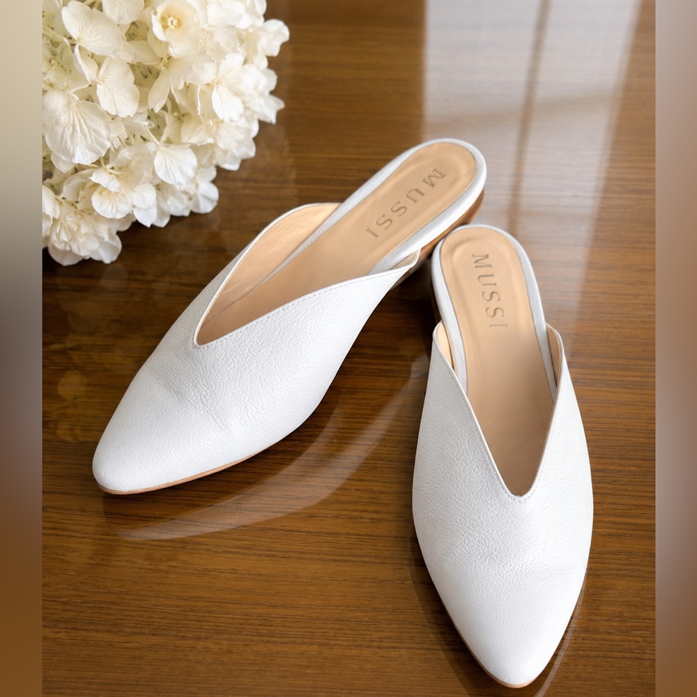 Mussi white leather pointed toe, mules flats minimalist slip on loafers capsule